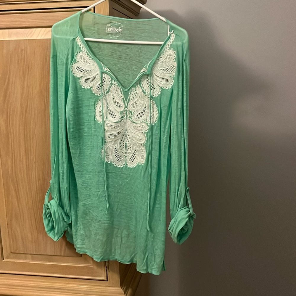 INC Beach Appliqué Mint Green Long Sleeve Shirt
